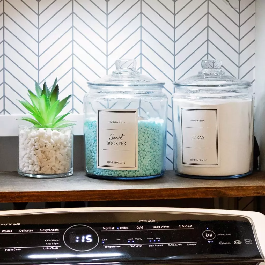 Laundry room makeover idea, glamorous storage with glass jars

Image Source: Practical Perfectionut