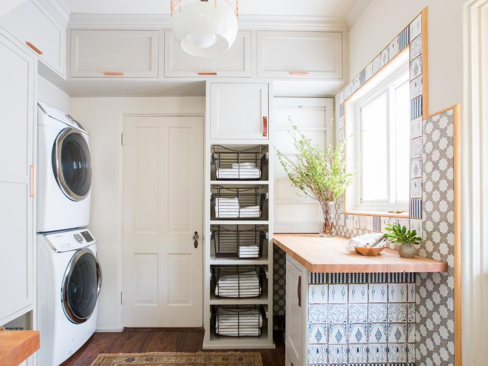 Laundry room makeover idea, stackable washer and dryer to save space.

Image source: HGTV - Tessa Neudstadt