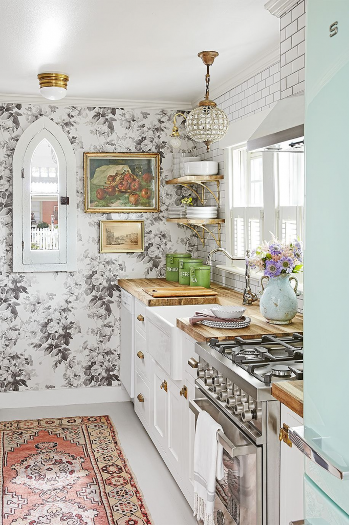 Stylish Small Kitchens, large printed wallpaper creates a focal point in a small kitchen