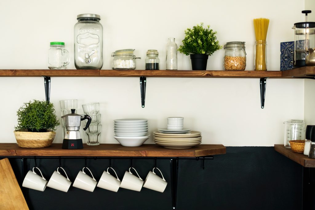 budget-friendly kitchen idea, open shelves with natural finish