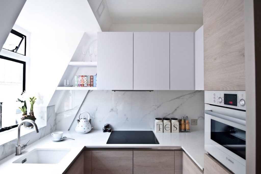 Stylish Small Kitchens, use shelves to fill awkward gaps in spaces