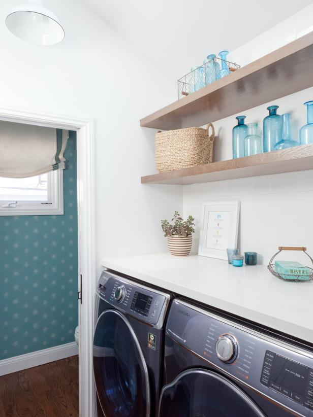 laundry room make over idea, use open shelving for an airy space.
Image source: HGTV – Amy Bartiam