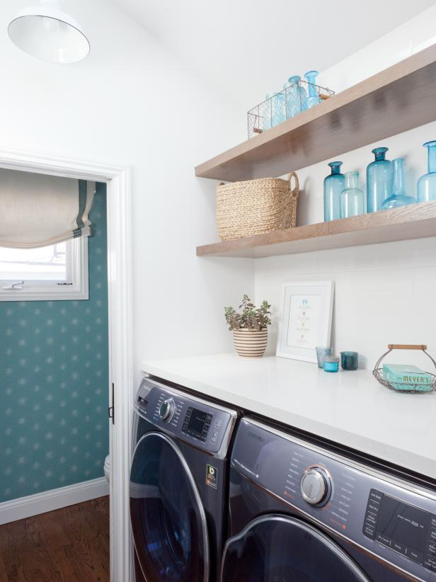 laundry room make over idea, use open shelving for an airy space.

Image source: HGTV – Amy Bartiam