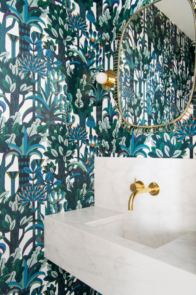 blue and green whimsy botanical wallpaper