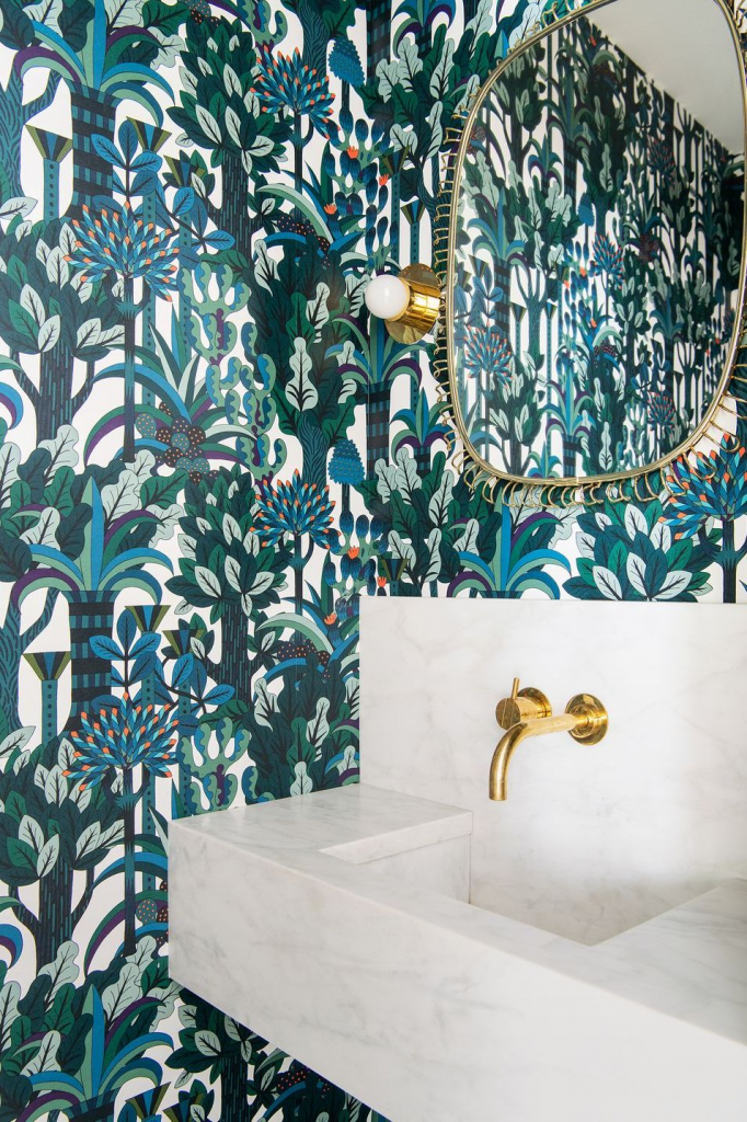 blue and green whimsy botanical wallpaper 