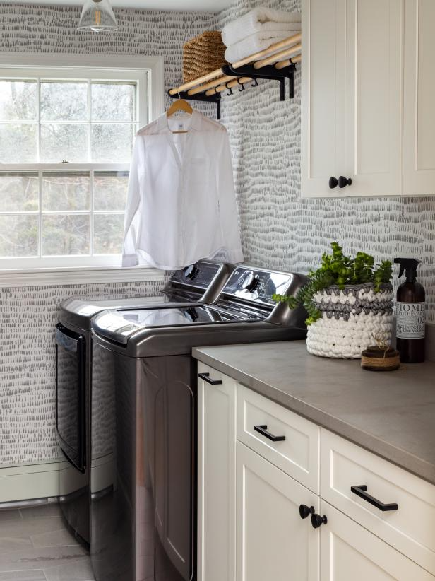 Laundry Room Makeover idea, install a drying rack for hang to dry clothing. 

Image Source: HGTV – Kyle Caldwell