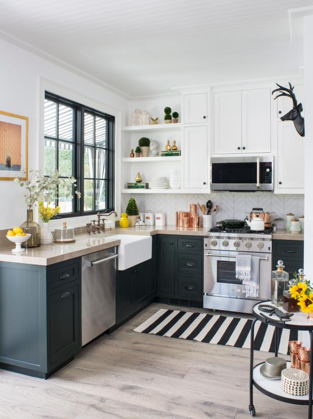 Stylish Small Kitchens, black cabinets with butcher block counter