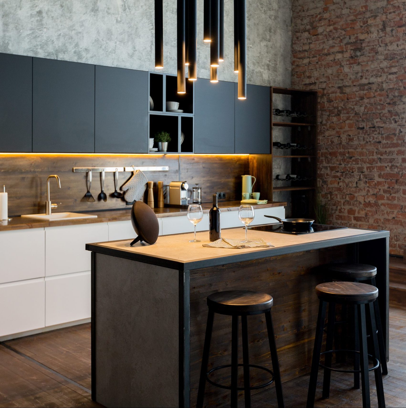 industrial kitchen with modern lighting