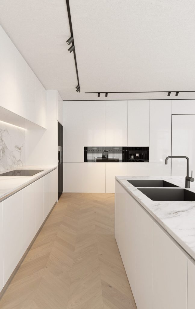 open white kitchen with industrial style touches