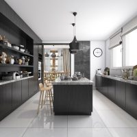 wide angle of industrial kitchen with white tile flooring