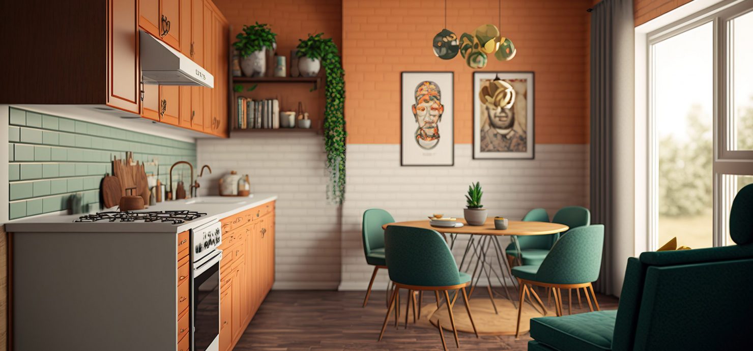 Interior design for a comfy home's living and kitchen area in the modern mid century style. Generative AI