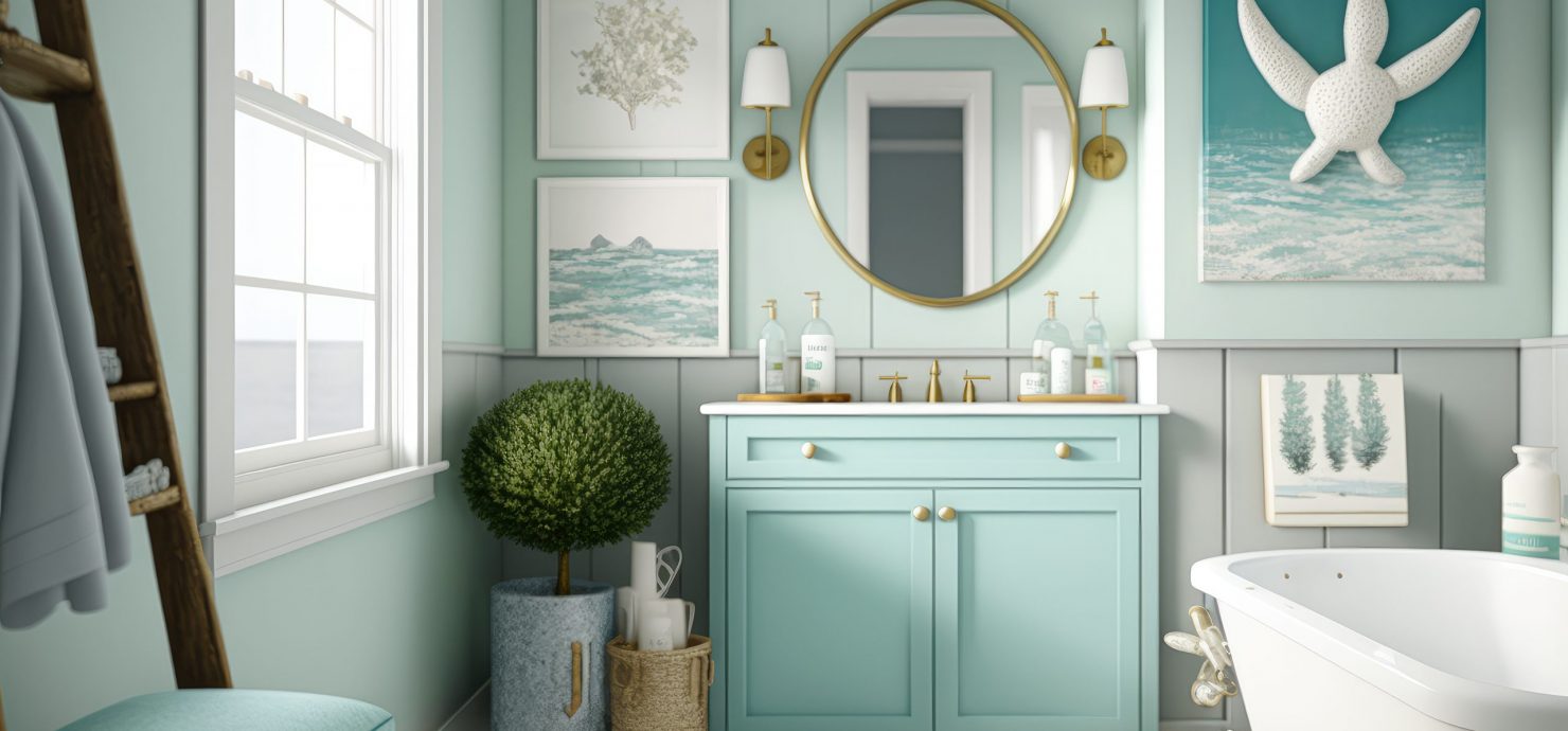 A coastal-themed bathroom with a nautical color palette and beac