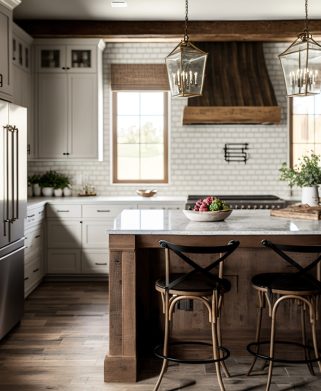A new luxury home's traditional kitchen features a farmhouse sink, hardwood floors, wood beams, a huge island, and quartz counters. Generative AI