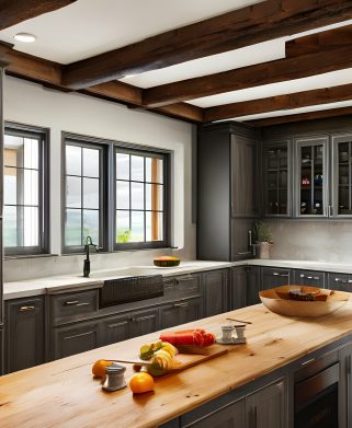 A farmhouse style kitchen with apron sink and wood beams on the ceiling3, Generative AI