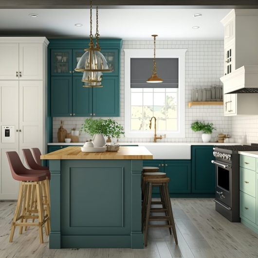 Modern farmhouse kitchen with navy blue cabinets color, generative ai