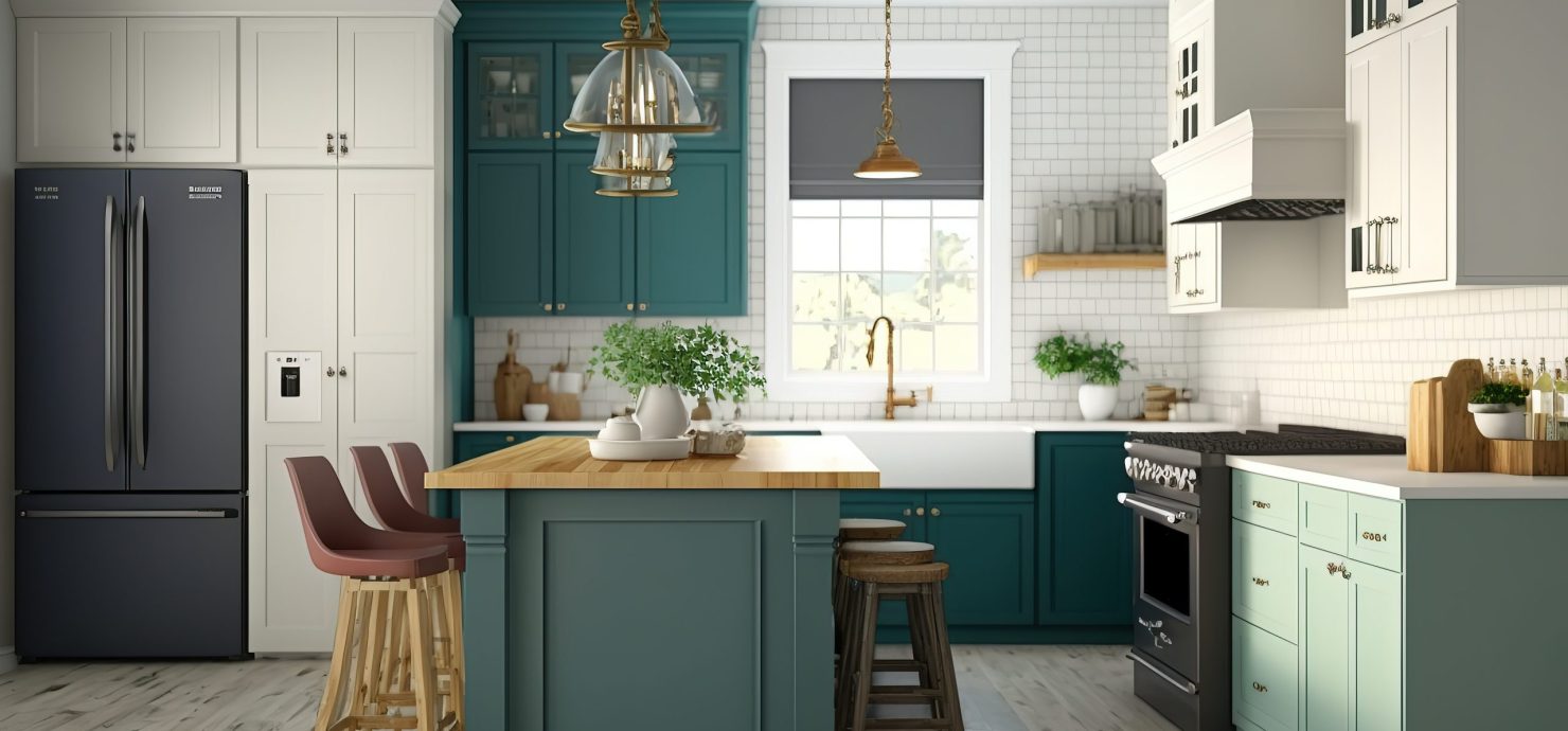 Modern farmhouse kitchen with navy blue cabinets color, generative ai