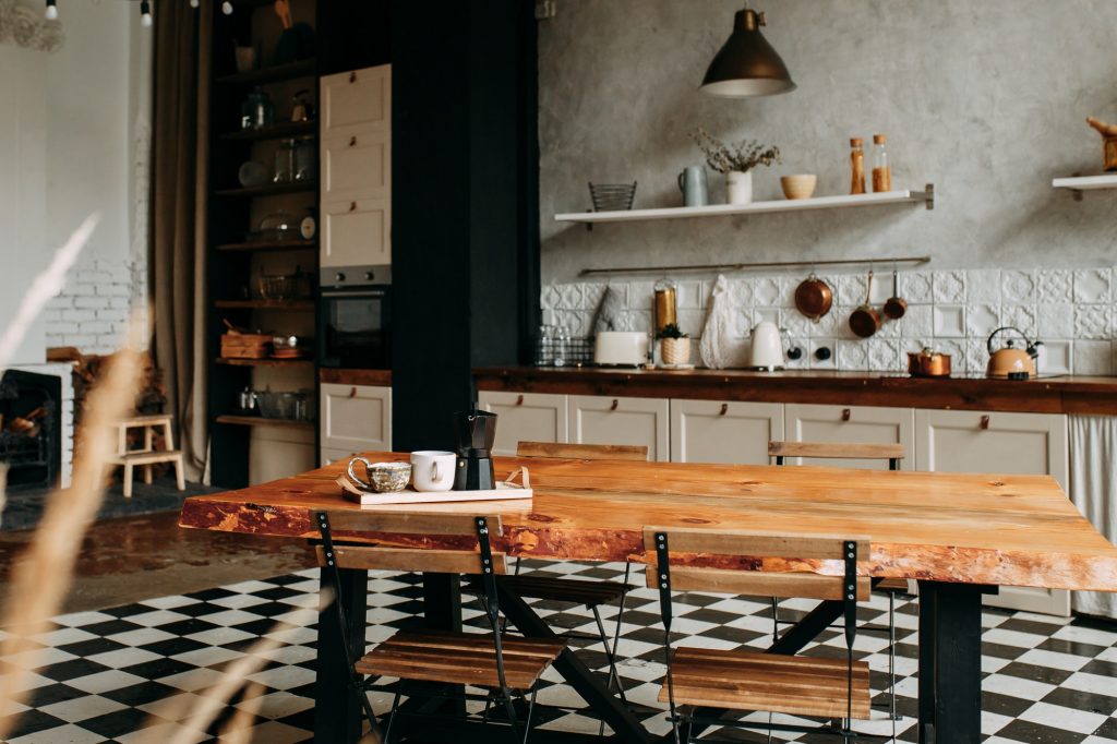 Kitchen, dark interior, home, indoors, table, loft, dining